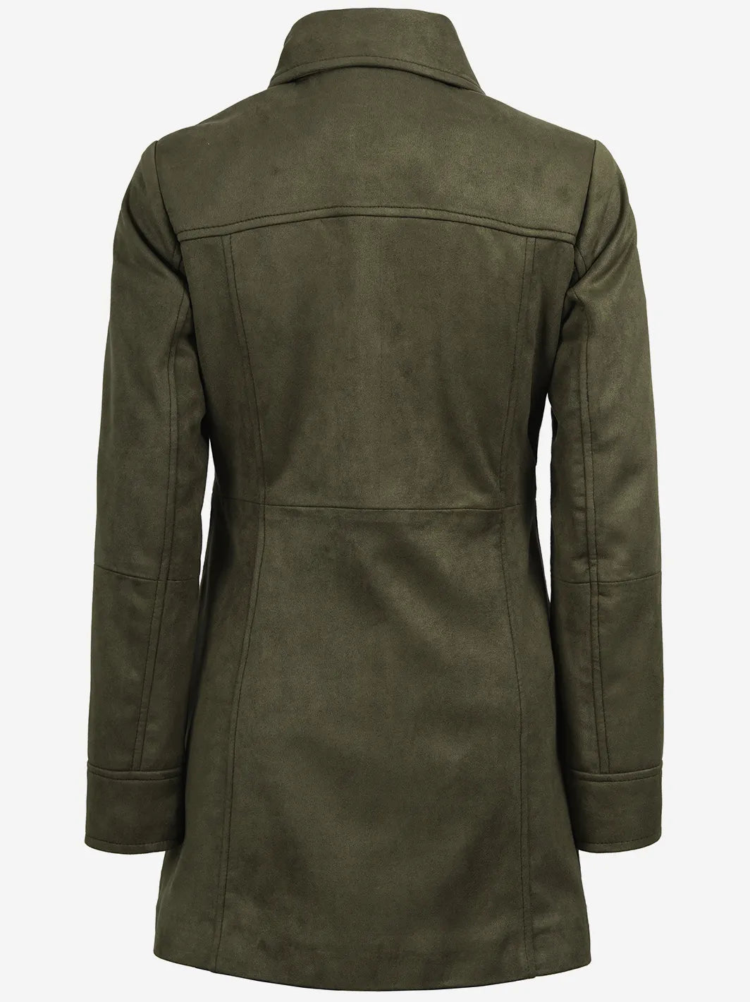 Women's 3/4 Length Olive Green Faux Suede Coat — Button Front - Image 2