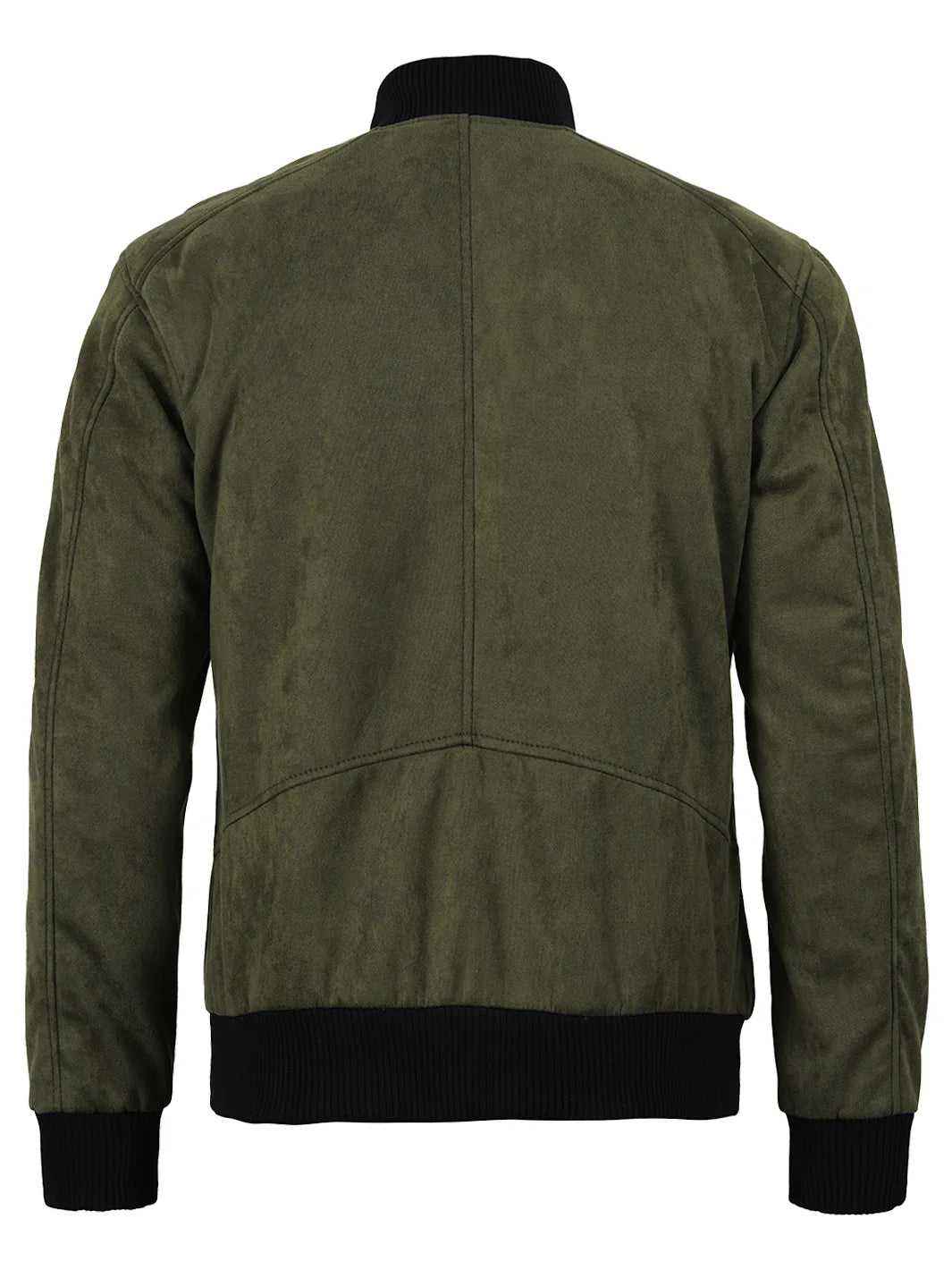 Men's Olive Green Faux Suede Bomber Jacket - Image 2