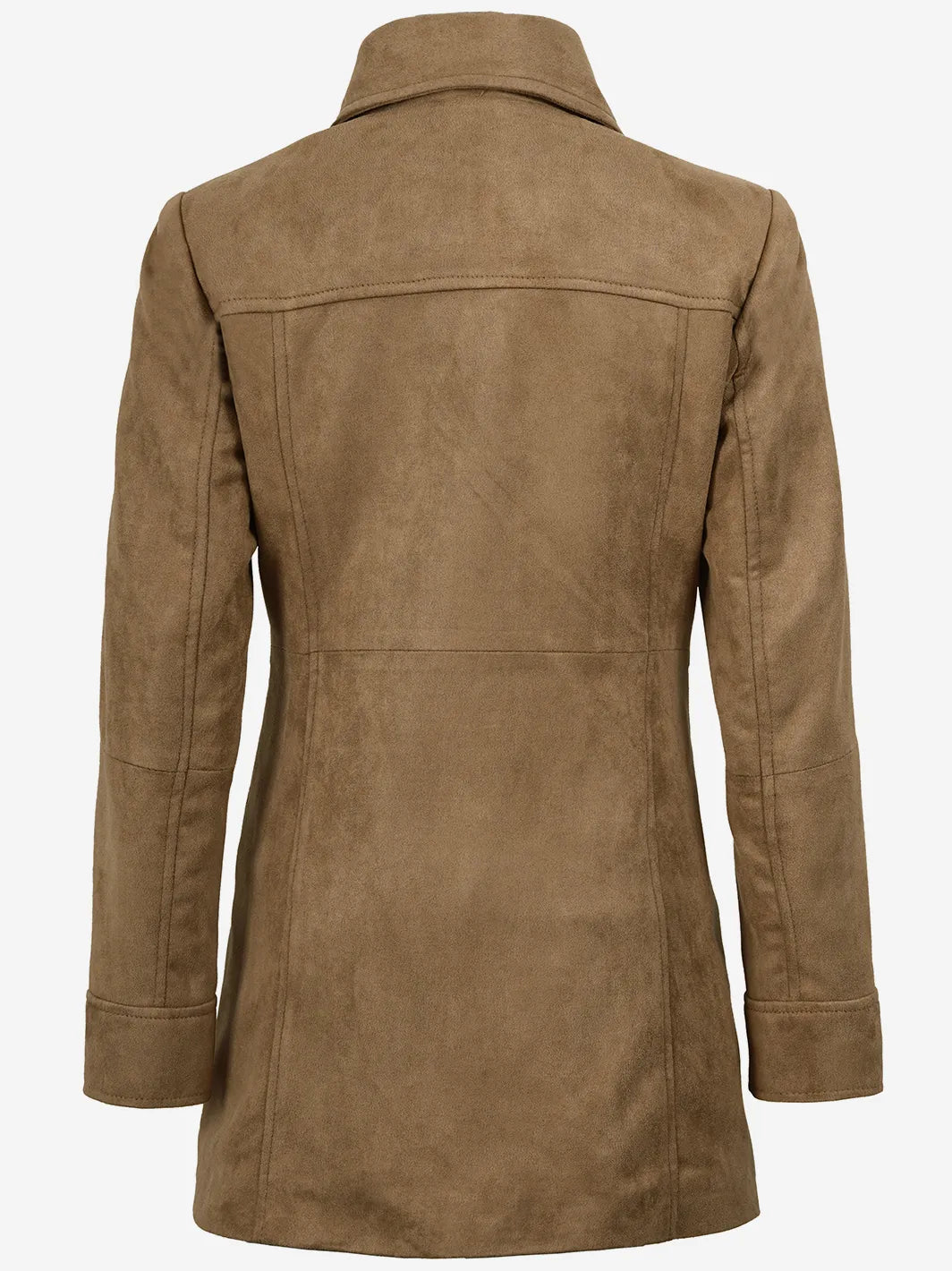Women's 3/4 Length Camel Brown Faux Suede Coat — Button Front - Image 2