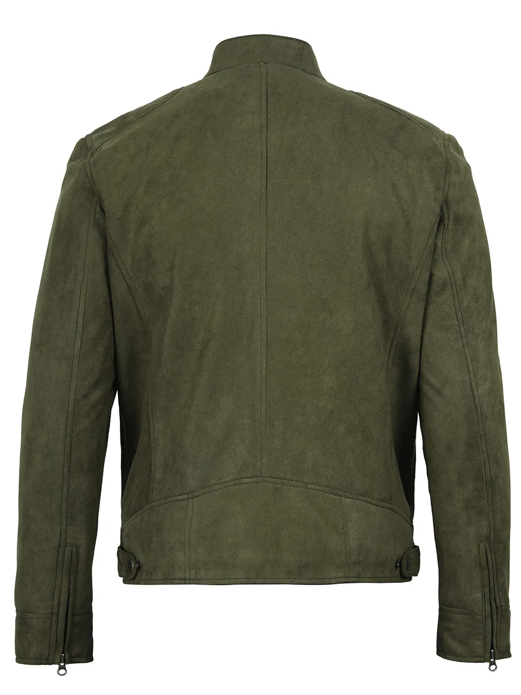 Men's Olive Green Faux Suede Cafe Racer Jacket - Image 2