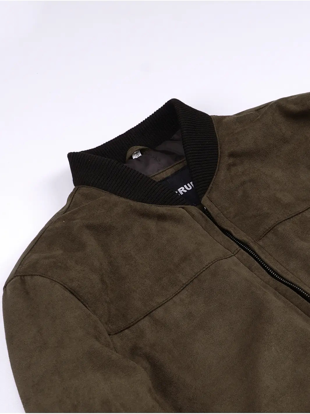Men's Dark Brown Faux Suede Bomber Jacket - Image 6