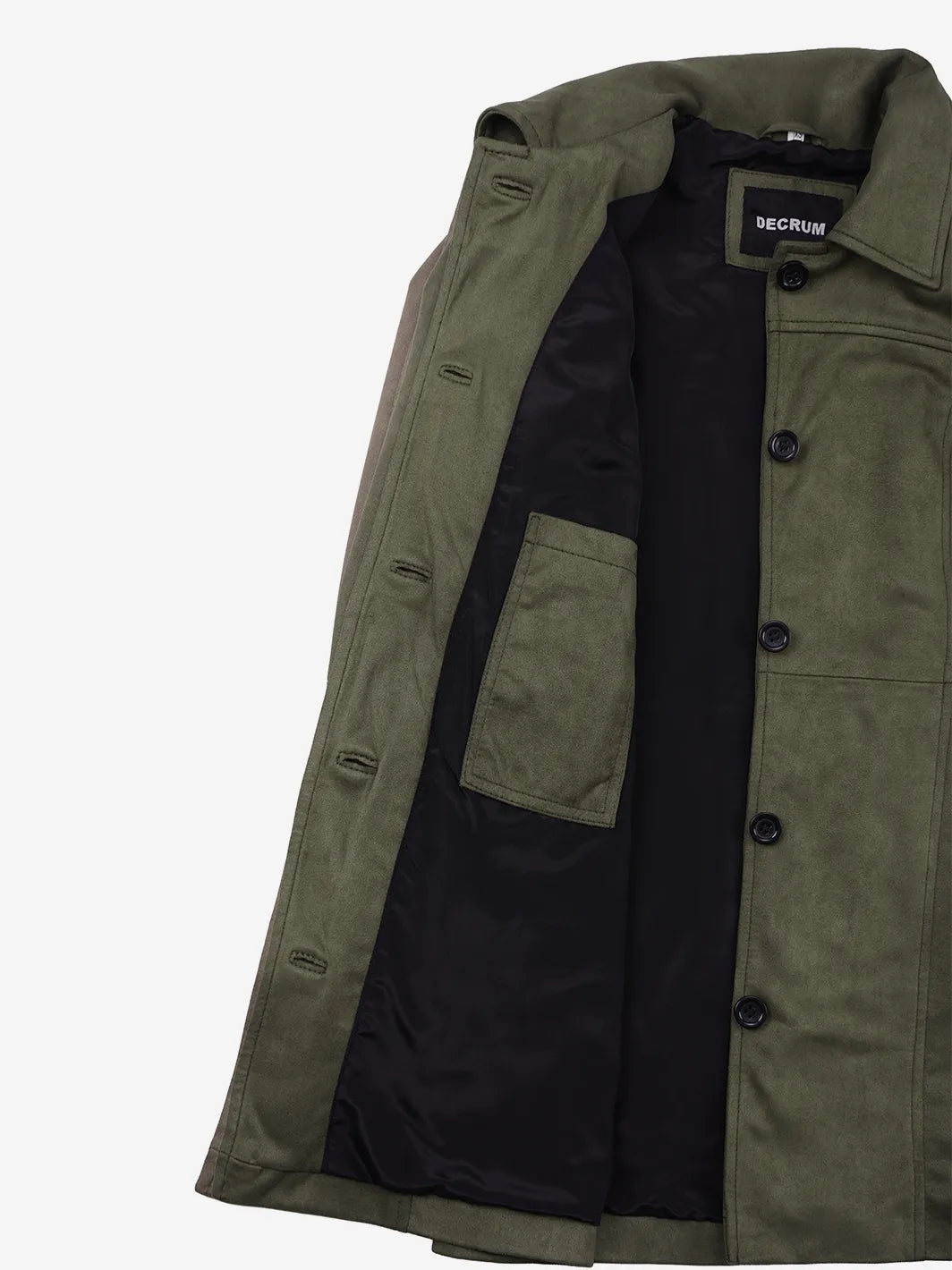 Women's 3/4 Length Olive Green Faux Suede Coat — Button Front - Image 7