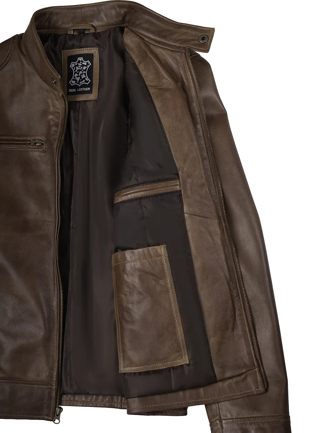 Men's Coffee Brown Waxed Lambskin Cafe Racer Jacket - Image 5