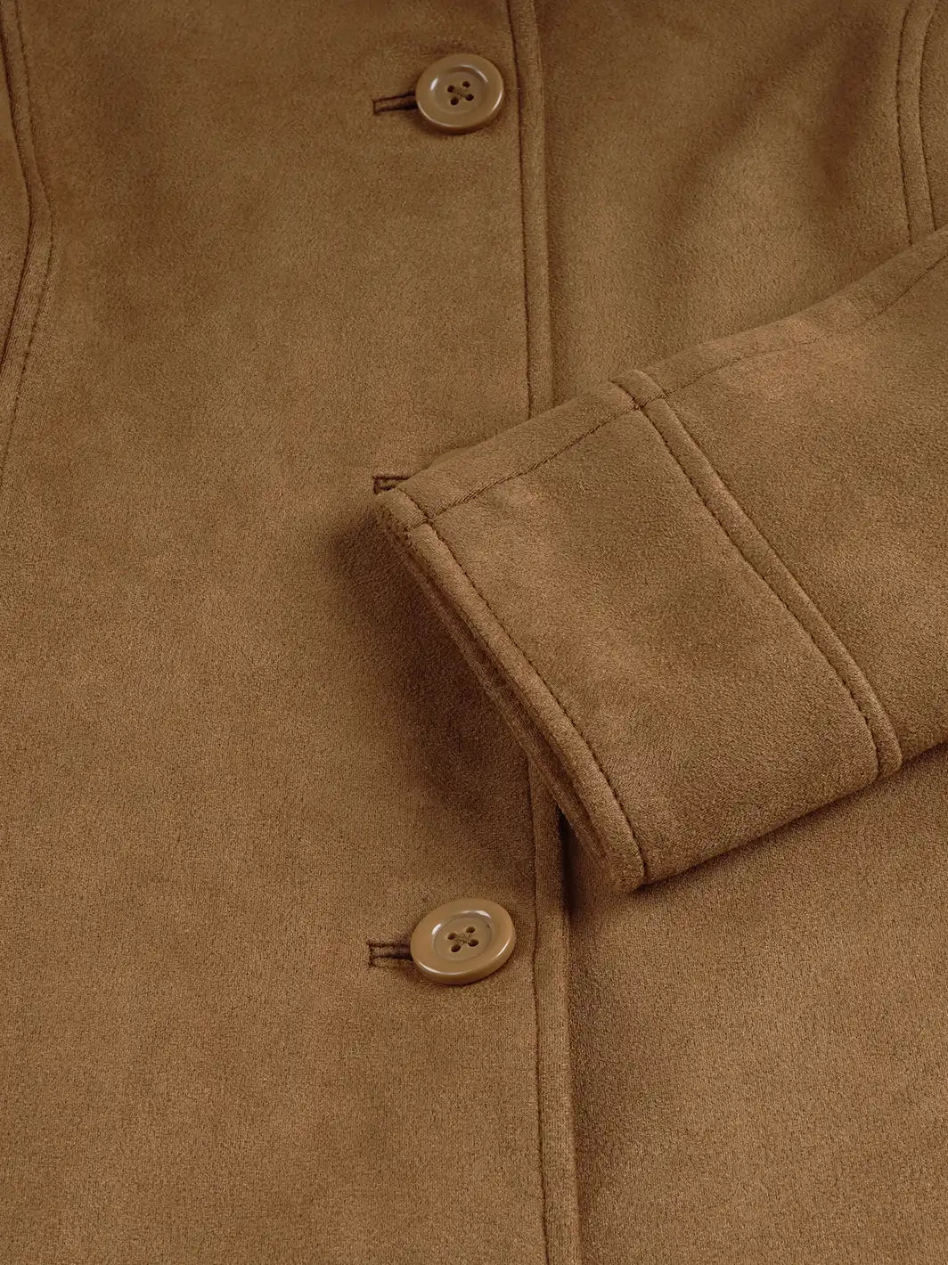 Women's 3/4 Length Light Brown Faux Suede Coat — Button Front - Image 6