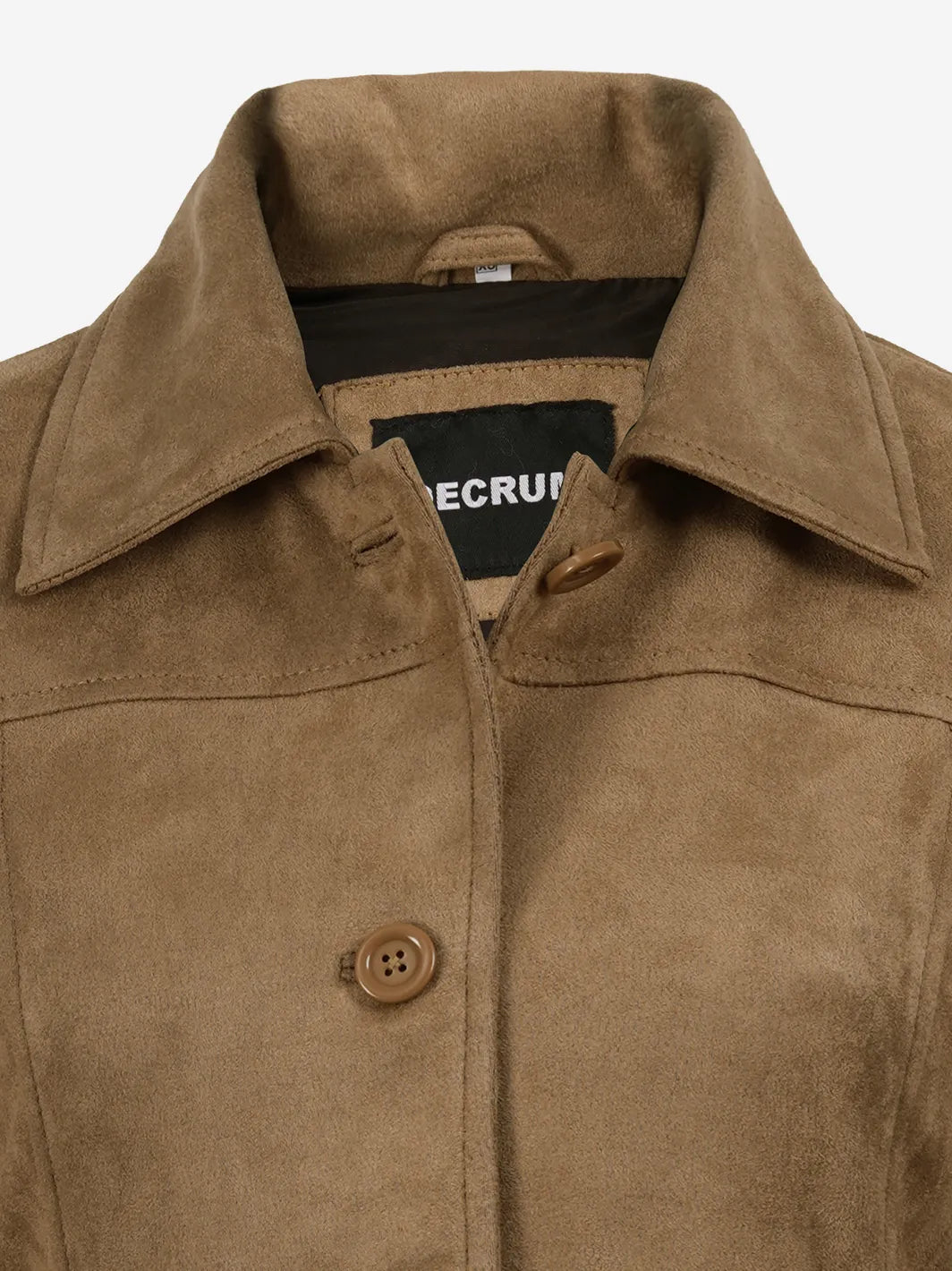 Women's 3/4 Length Camel Brown Faux Suede Coat — Button Front - Image 5