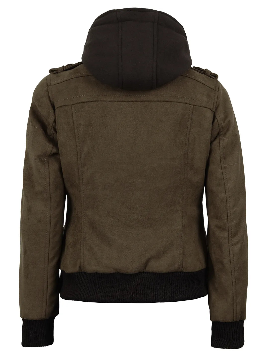 Women's Dark Brown Faux Suede Hooded Bomber Jacket - Image 3