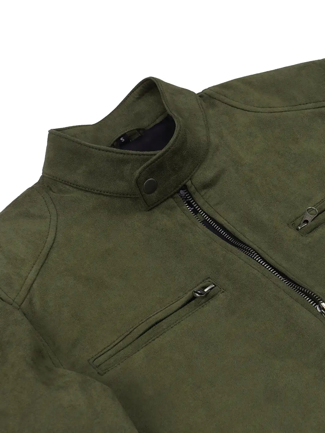 Men's Olive Green Faux Suede Cafe Racer Jacket - Image 6
