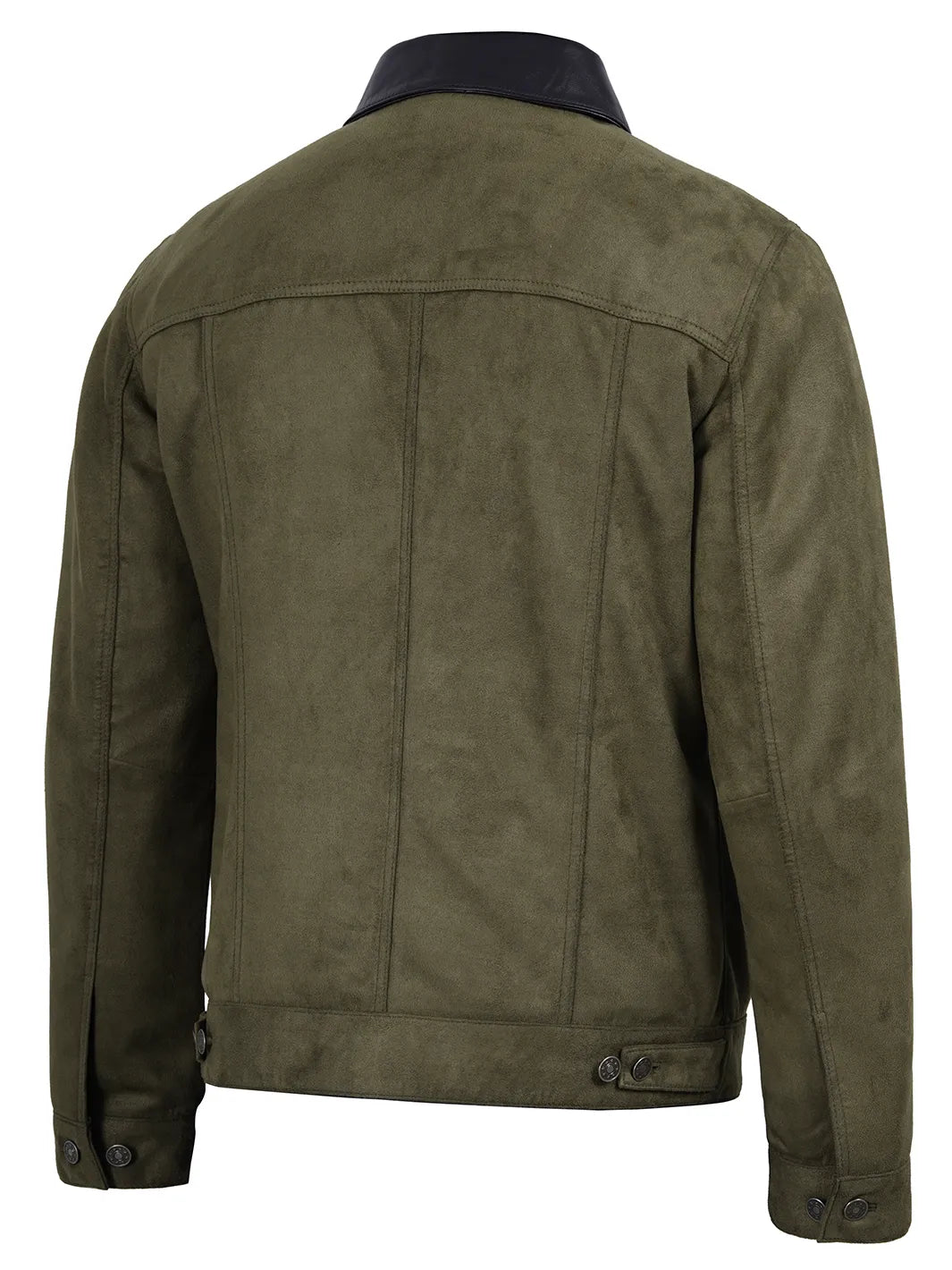 Men's Olive Green Faux Suede Trucker Jacket - Image 5