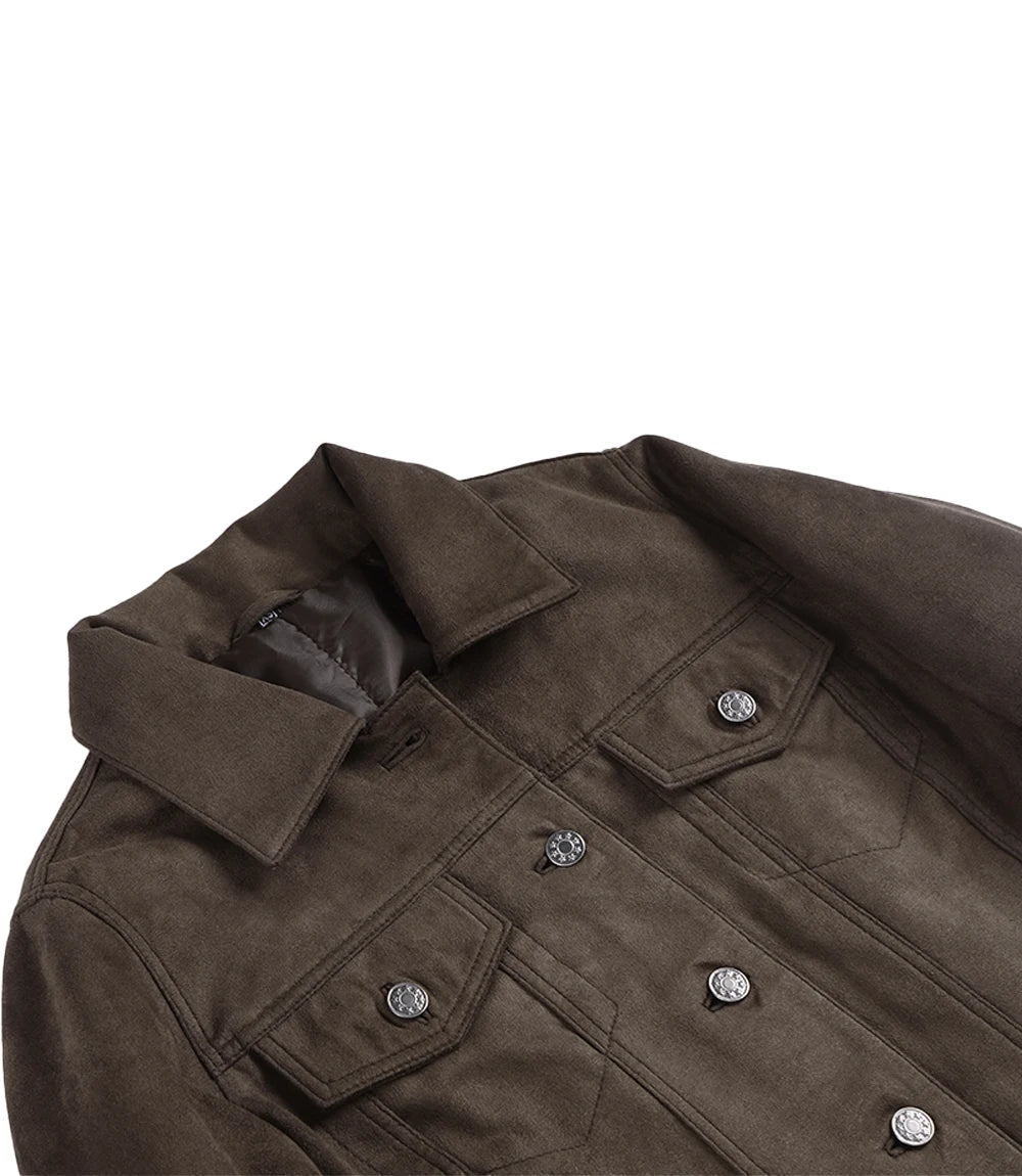 Women's Dark Brown Faux Suede Trucker Jacket - Image 5
