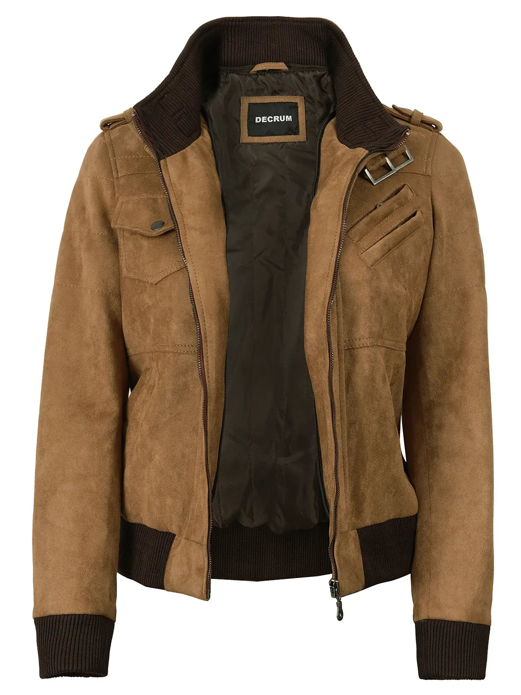 Women's Light Brown Faux Suede Hooded Bomber Jacket - Image 4