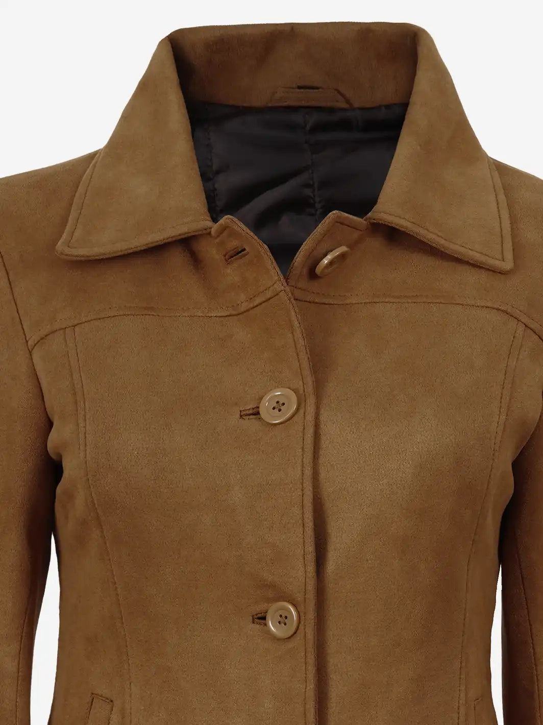 Women's 3/4 Length Light Brown Faux Suede Coat — Button Front - Image 5