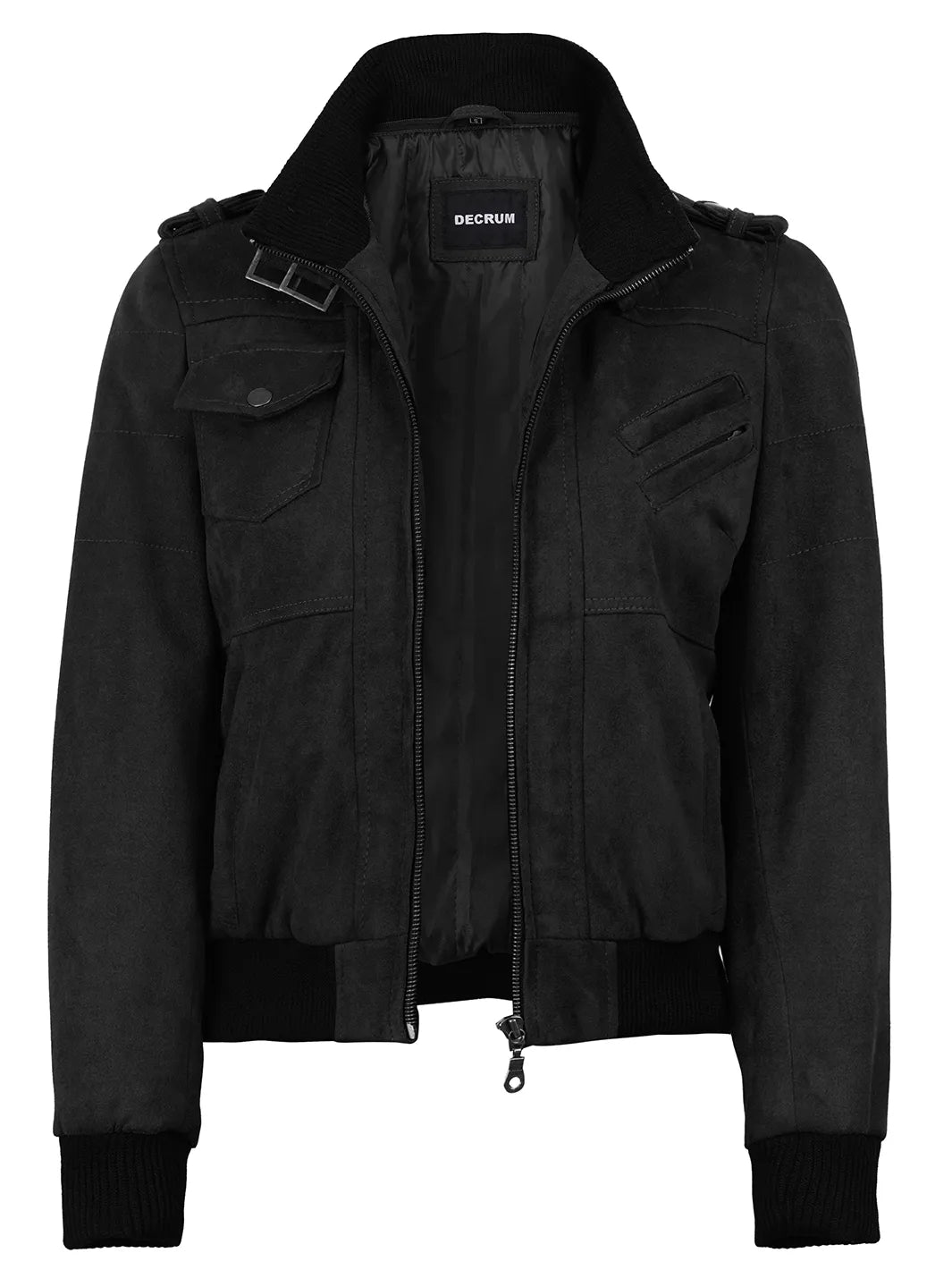 Women's Black Faux Suede Hooded Bomber Jacket - Image 6