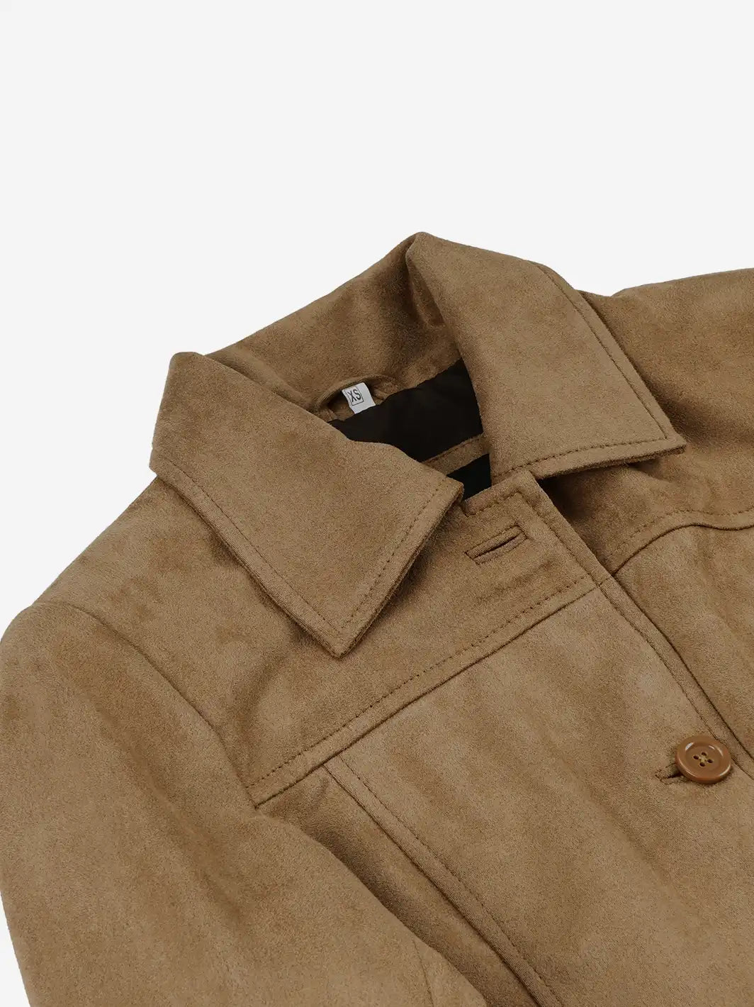 Women's 3/4 Length Camel Brown Faux Suede Coat — Button Front - Image 6