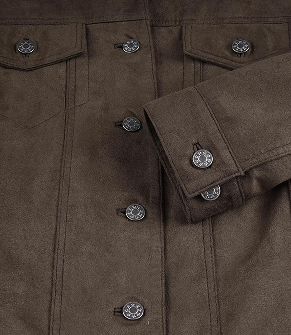 Women's Dark Brown Faux Suede Trucker Jacket - Image 6