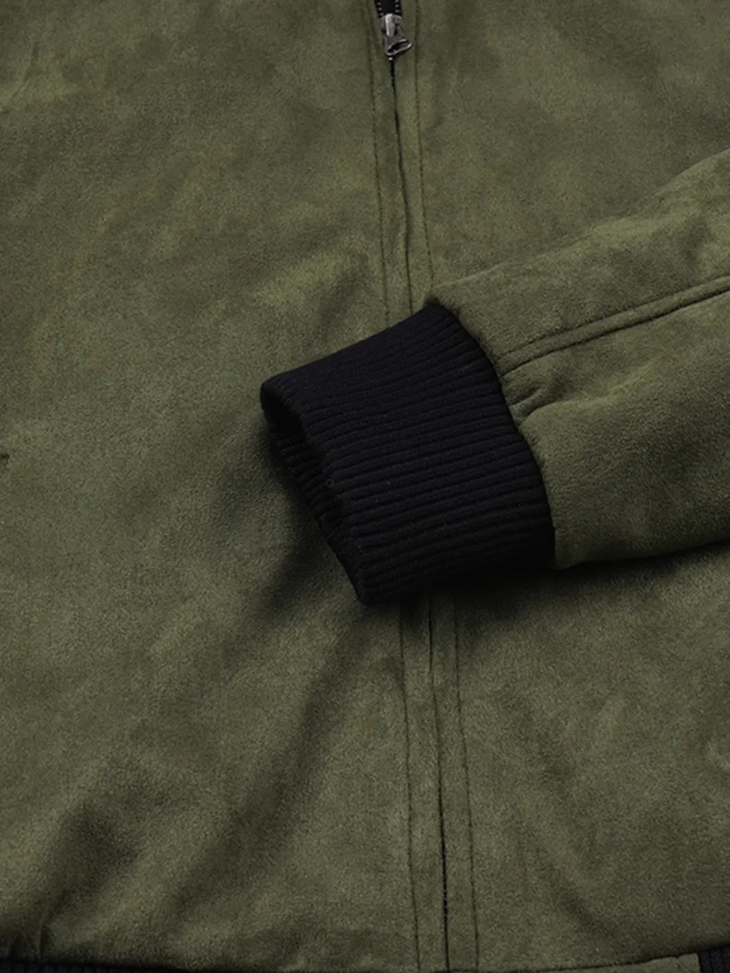 Men's Olive Green Faux Suede Bomber Jacket - Image 6