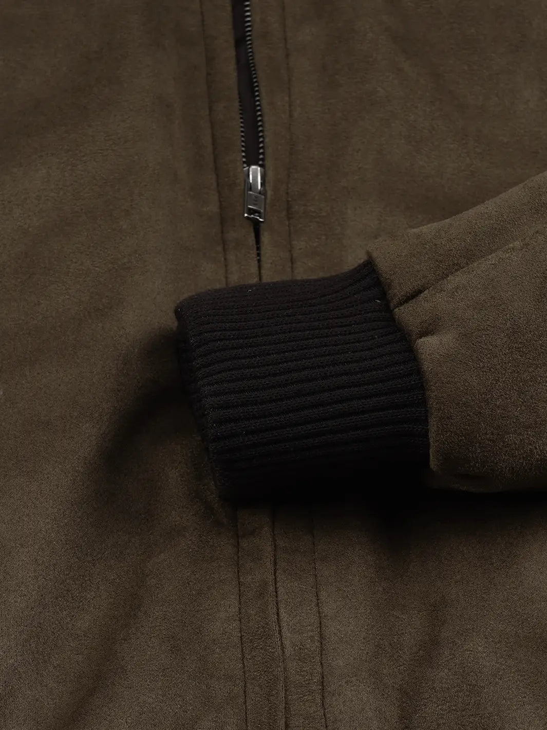 Men's Dark Brown Faux Suede Bomber Jacket - Image 5