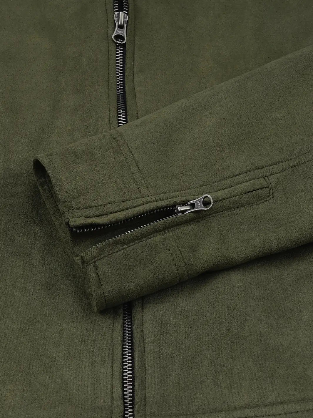 Men's Olive Green Faux Suede Cafe Racer Jacket - Image 5