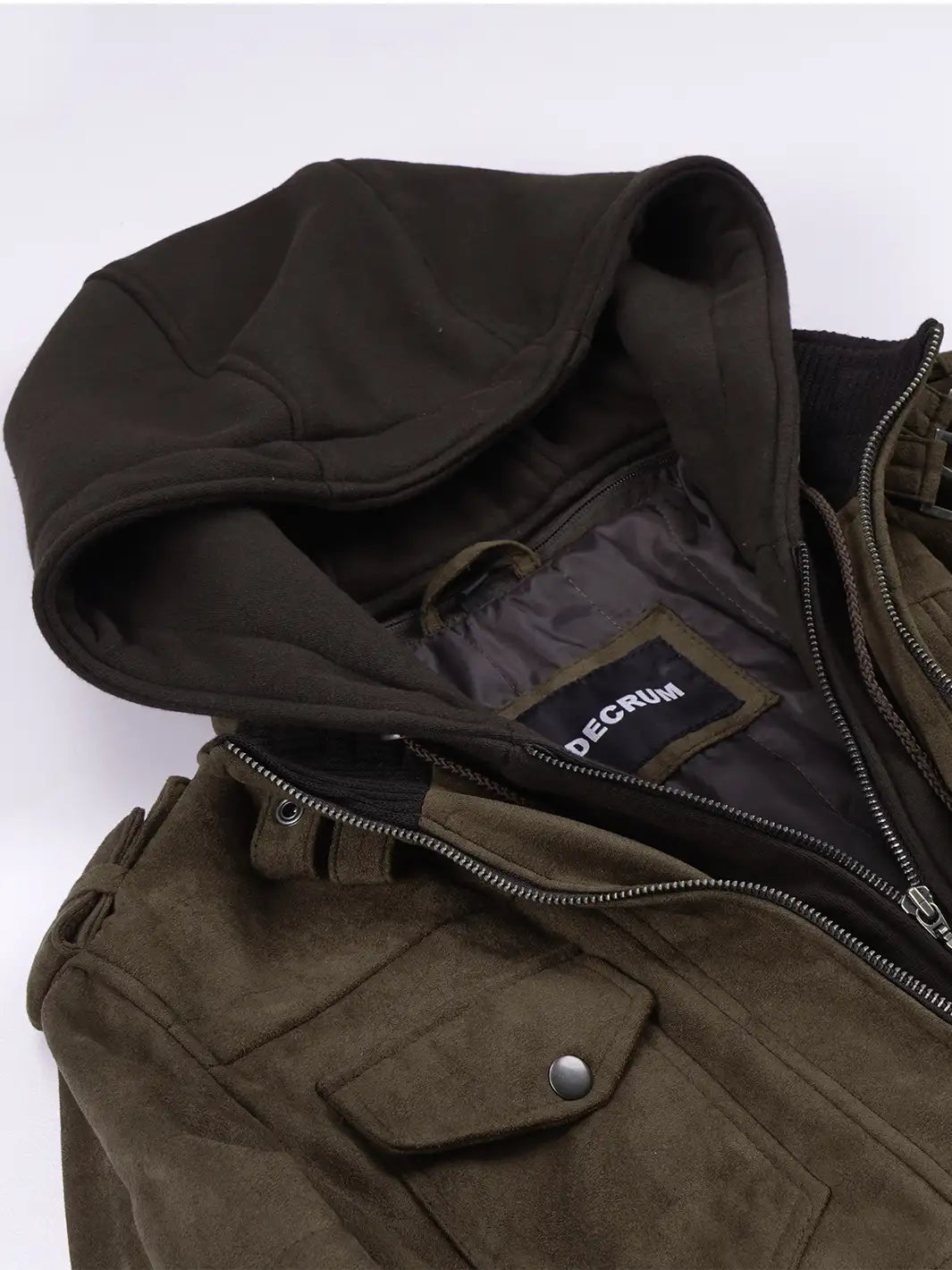 Men's Dark Brown Faux Suede Hooded Bomber Jacket - Image 8