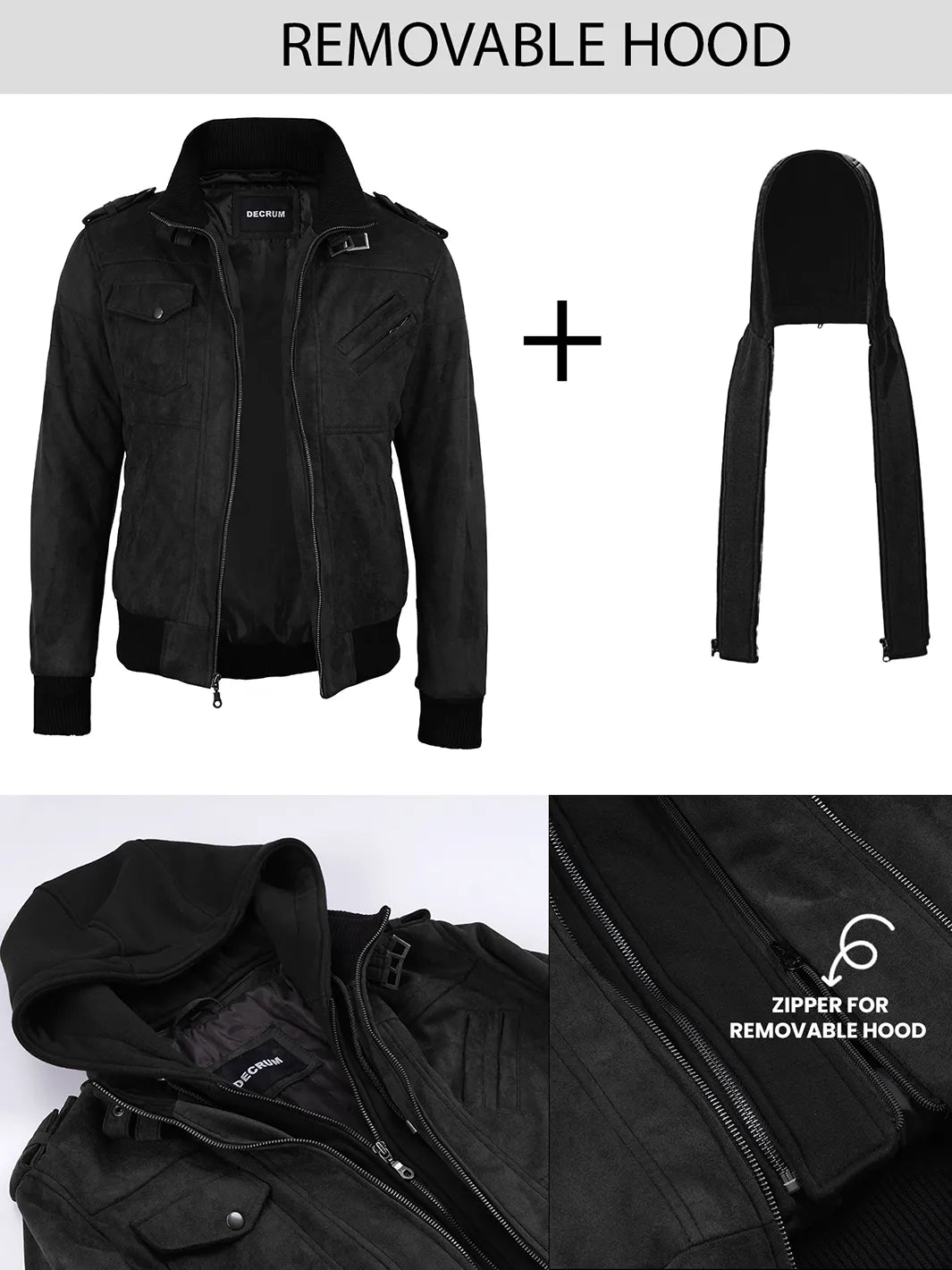 Men's Black Faux Suede Hooded Bomber Jacket - Image 2
