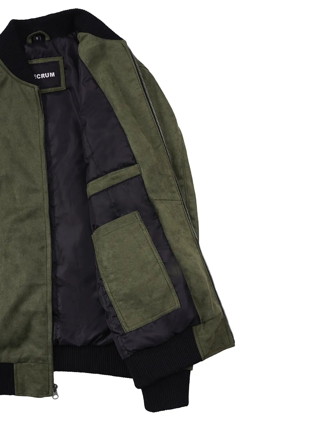 Men's Olive Green Faux Suede Bomber Jacket - Image 7