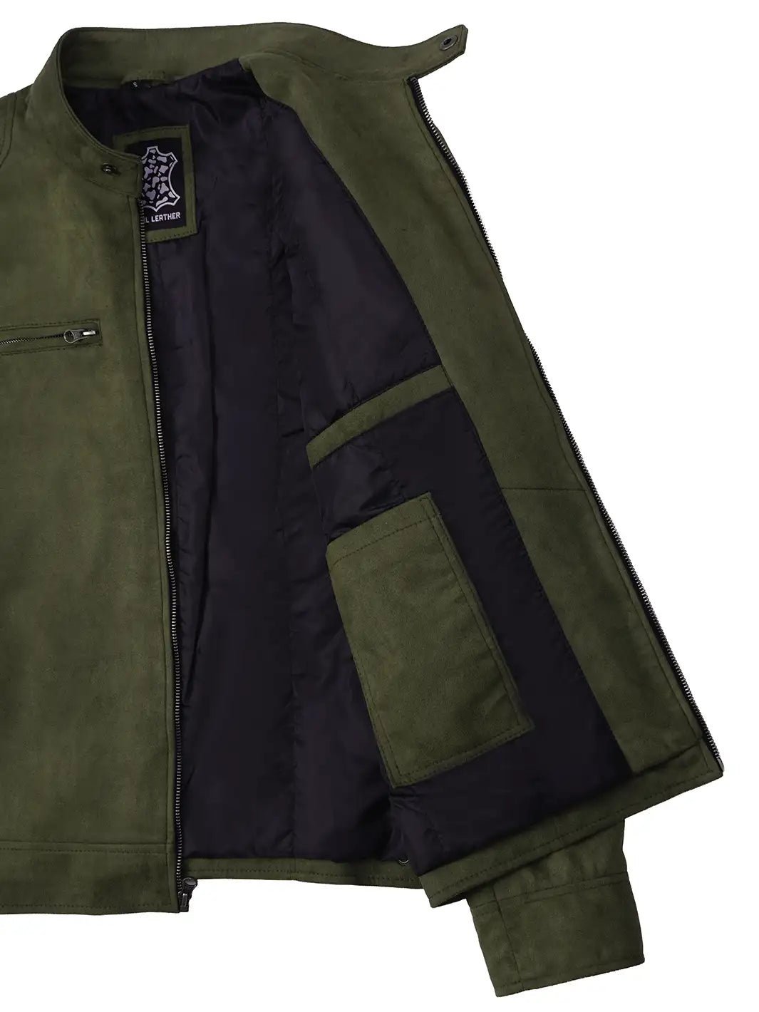 Men's Olive Green Faux Suede Cafe Racer Jacket - Image 7
