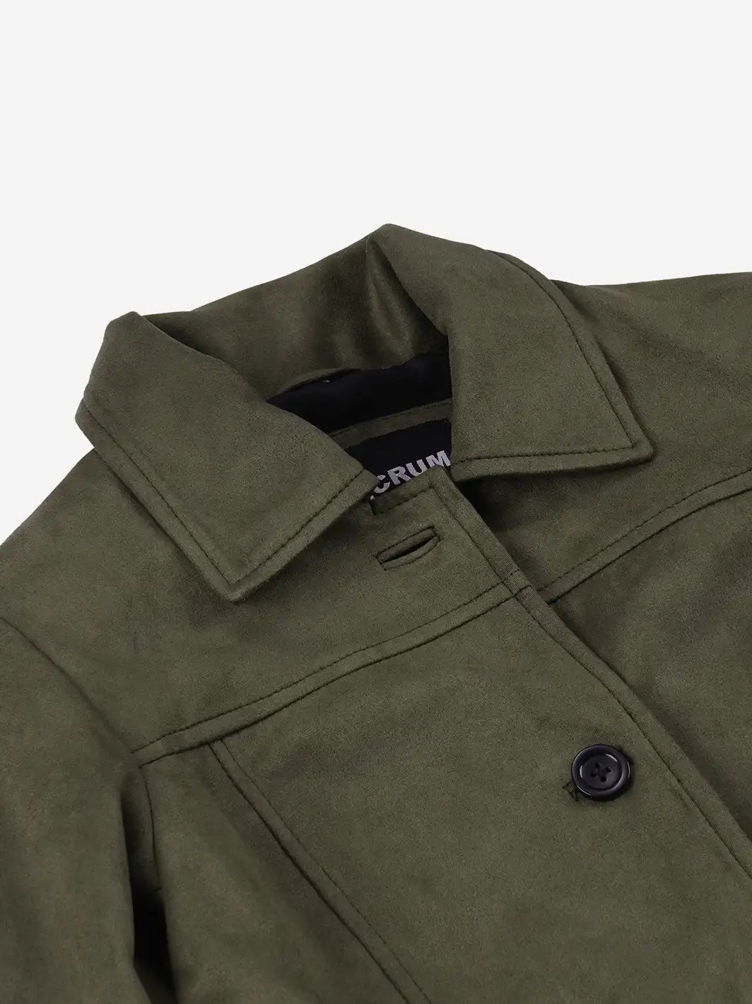 Women's 3/4 Length Olive Green Faux Suede Coat — Button Front - Image 6