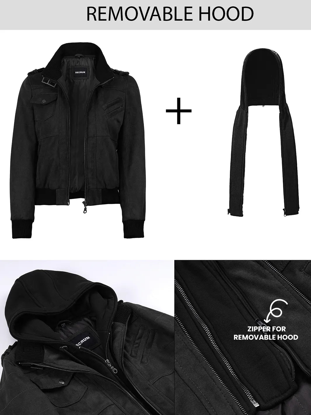 Women's Black Faux Suede Hooded Bomber Jacket - Image 2