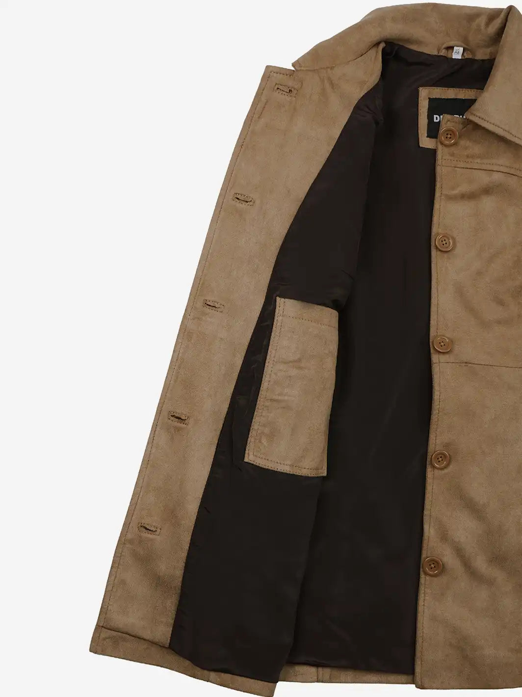 Women's 3/4 Length Camel Brown Faux Suede Coat — Button Front - Image 7
