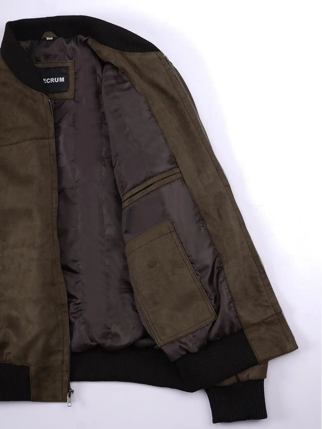 Men's Dark Brown Faux Suede Bomber Jacket - Image 7