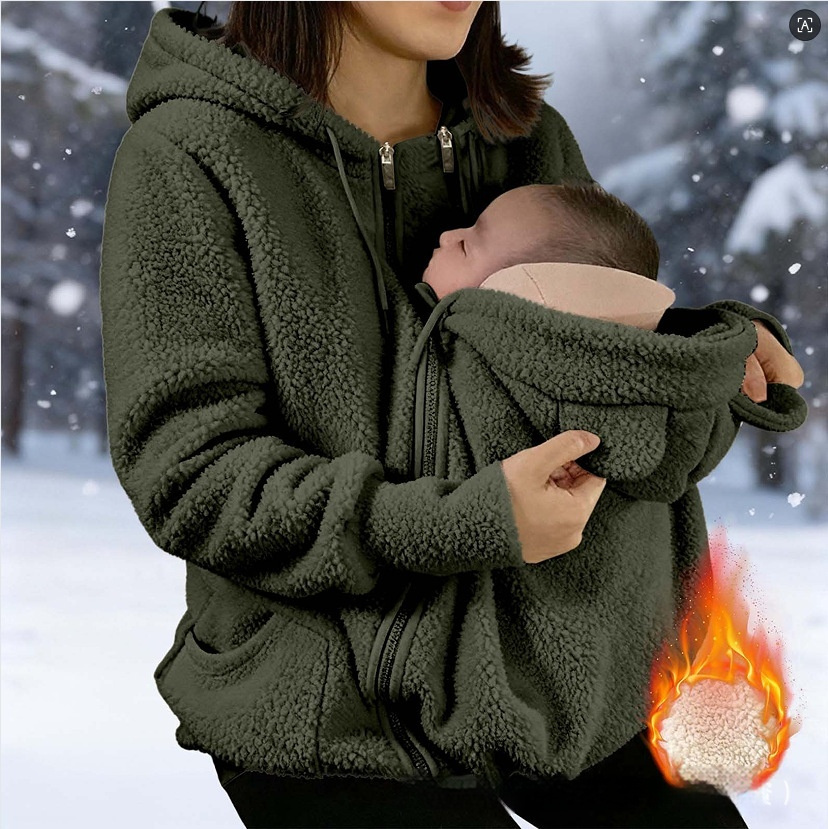 Corduroy Hooded Sweatshirt With Baby-pocket Women's Thickened Zip-up Jacket For Parent-Child Matching Outfits - Image 6