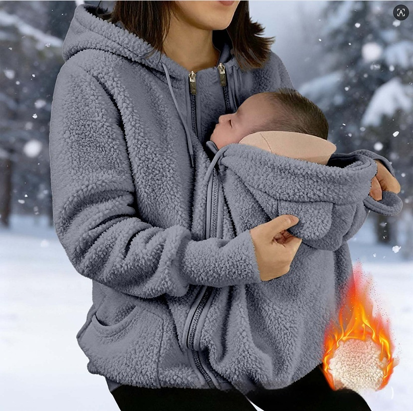 Corduroy Hooded Sweatshirt With Baby-pocket Women's Thickened Zip-up Jacket For Parent-Child Matching Outfits - Image 8