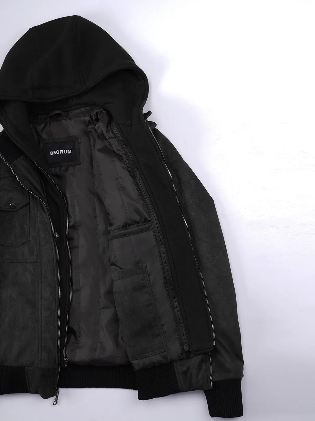 Men's Black Faux Suede Hooded Bomber Jacket - Image 9