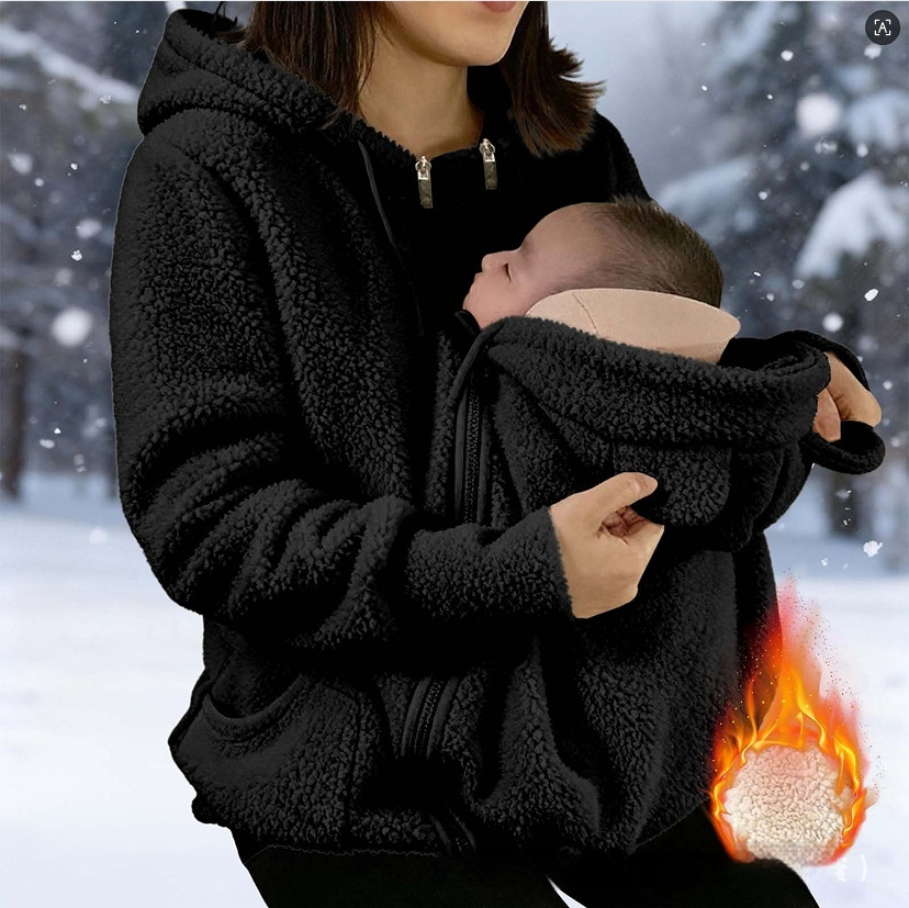 Corduroy Hooded Sweatshirt With Baby-pocket Women's Thickened Zip-up Jacket For Parent-Child Matching Outfits - Image 9