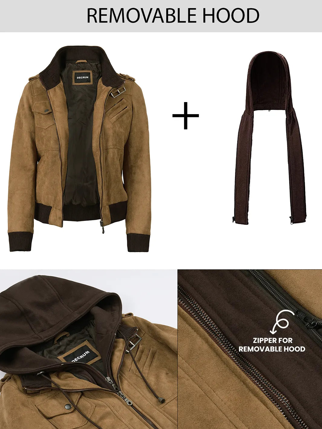 Women's Light Brown Faux Suede Hooded Bomber Jacket - Image 2