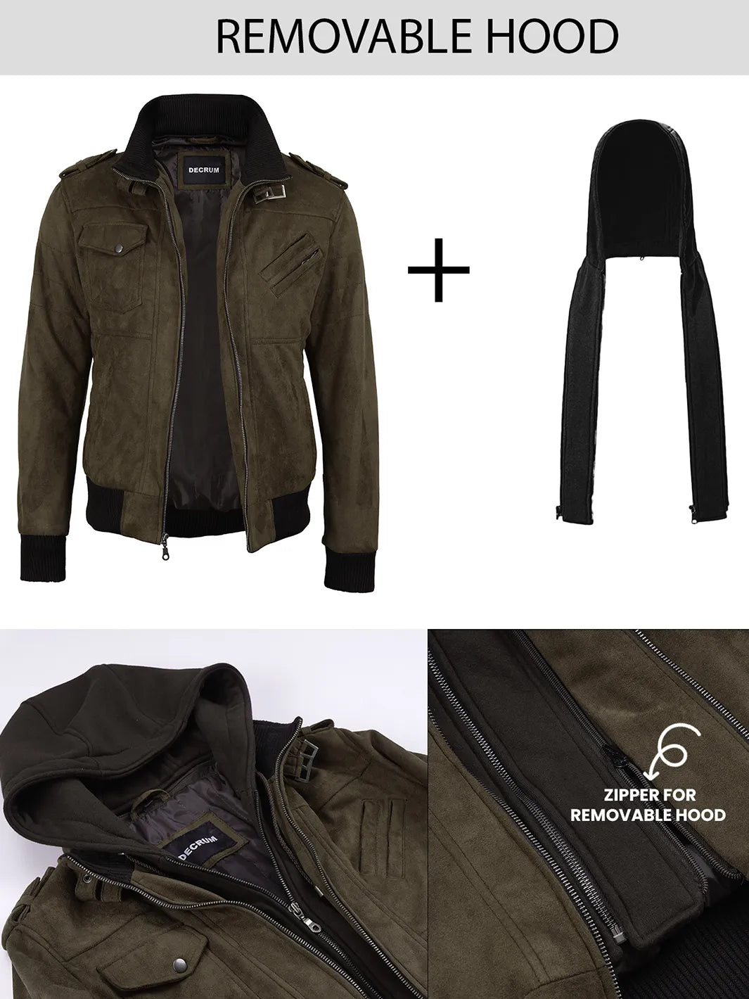 Men's Dark Brown Faux Suede Hooded Bomber Jacket - Image 2