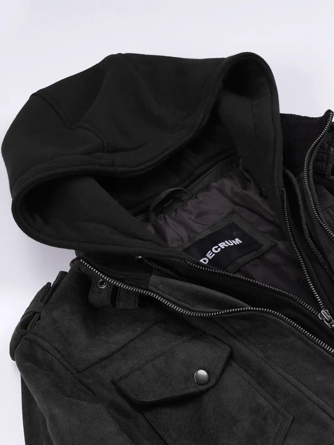 Men's Black Faux Suede Hooded Bomber Jacket - Image 8