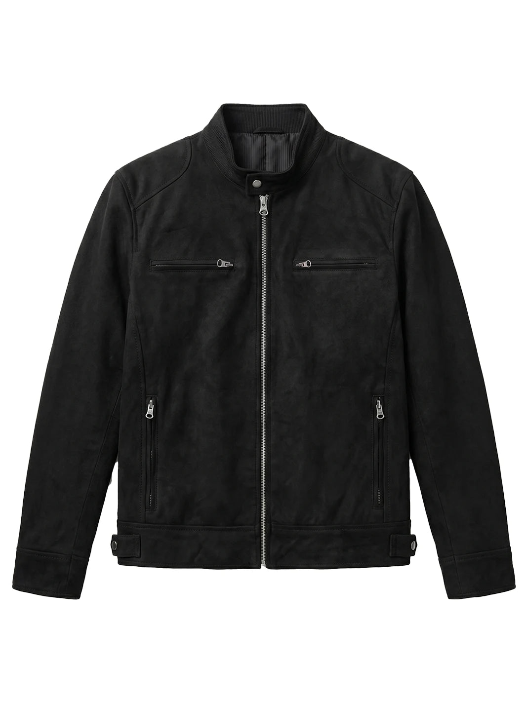 Men's Black Faux Suede Cafe Racer Jacket - Image 5