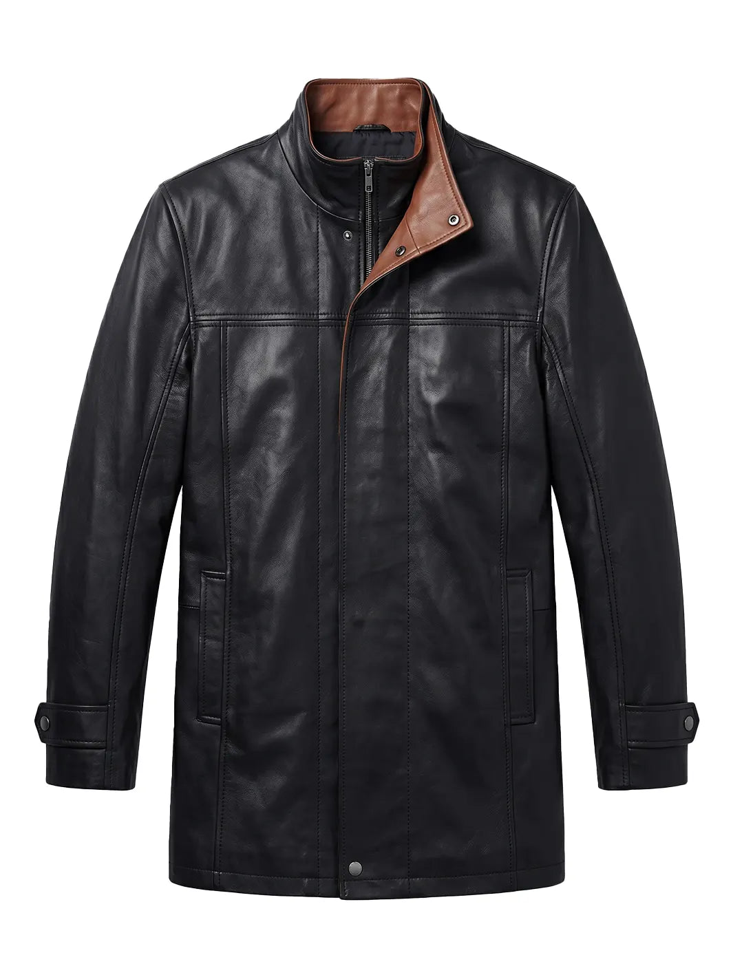 Men's Wide Lapel Black Lambskin 3/4 Length Leather Jacket - Image 5