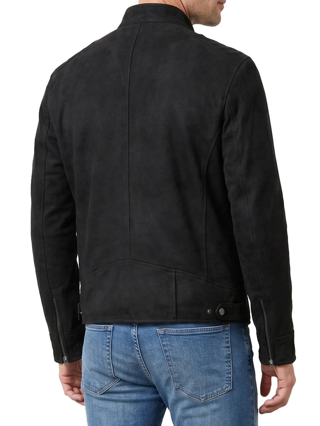 Men's Black Faux Suede Cafe Racer Jacket - Image 2