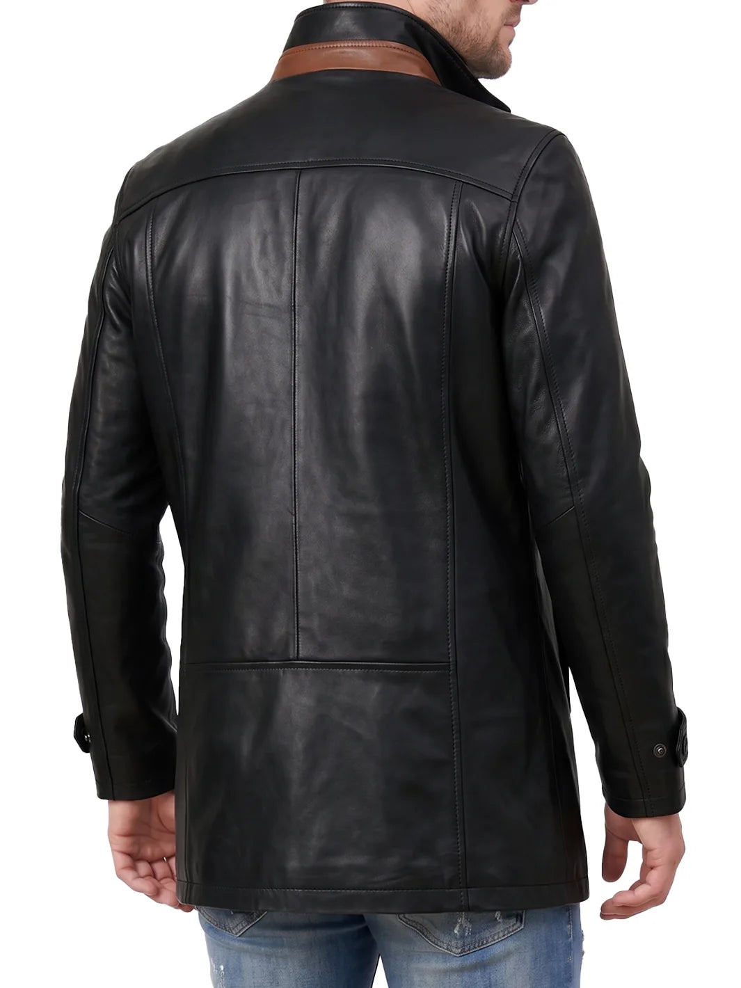 Men's Wide Lapel Black Lambskin 3/4 Length Leather Jacket - Image 2
