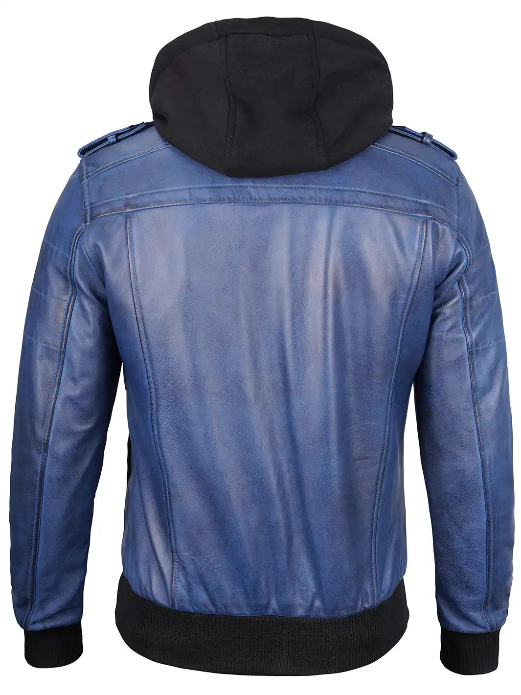 Men's Blue Wax Lambskin Bomber Jacket with Removable Hood - Image 2