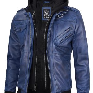 Men's Blue Wax Lambskin Bomber Jacket with Removable Hood