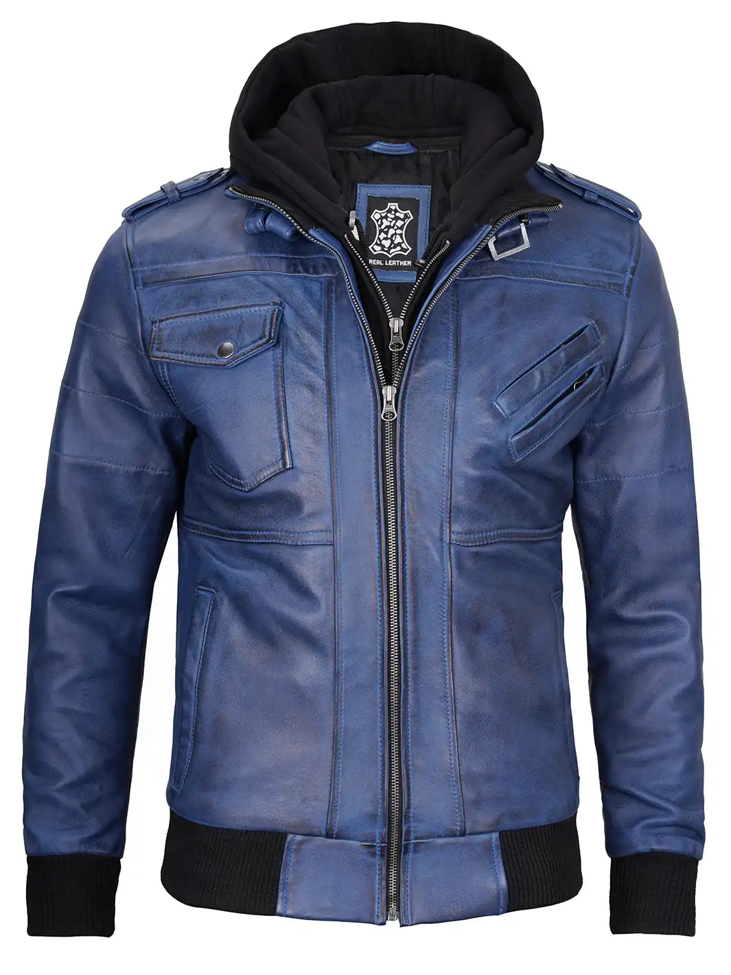 Men's Blue Wax Lambskin Bomber Jacket with Removable Hood - Image 4