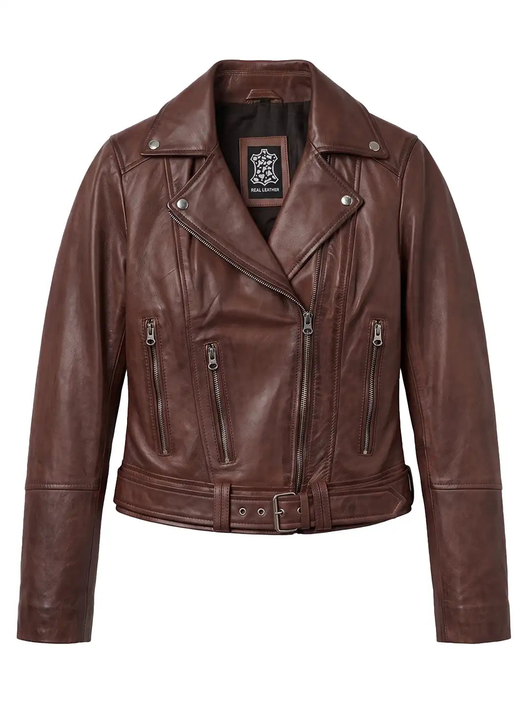 Women's Cognac Brown Lambskin Biker Jacket — Asymmetrical Collar - Image 5