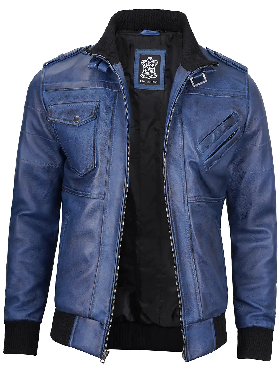 Men's Blue Wax Lambskin Bomber Jacket with Removable Hood - Image 3