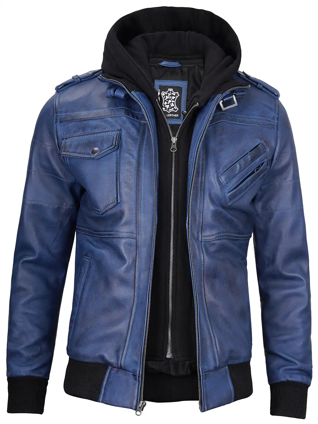 Men's Blue Wax Lambskin Bomber Jacket with Removable Hood - Image 5