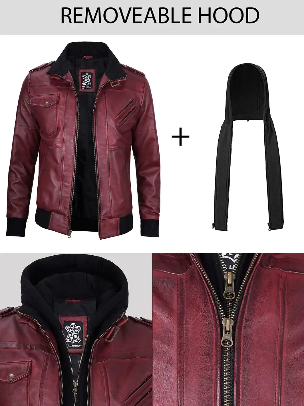 Men's Burgundy Lambskin Bomber Jacket with Removable Hood - Image 2