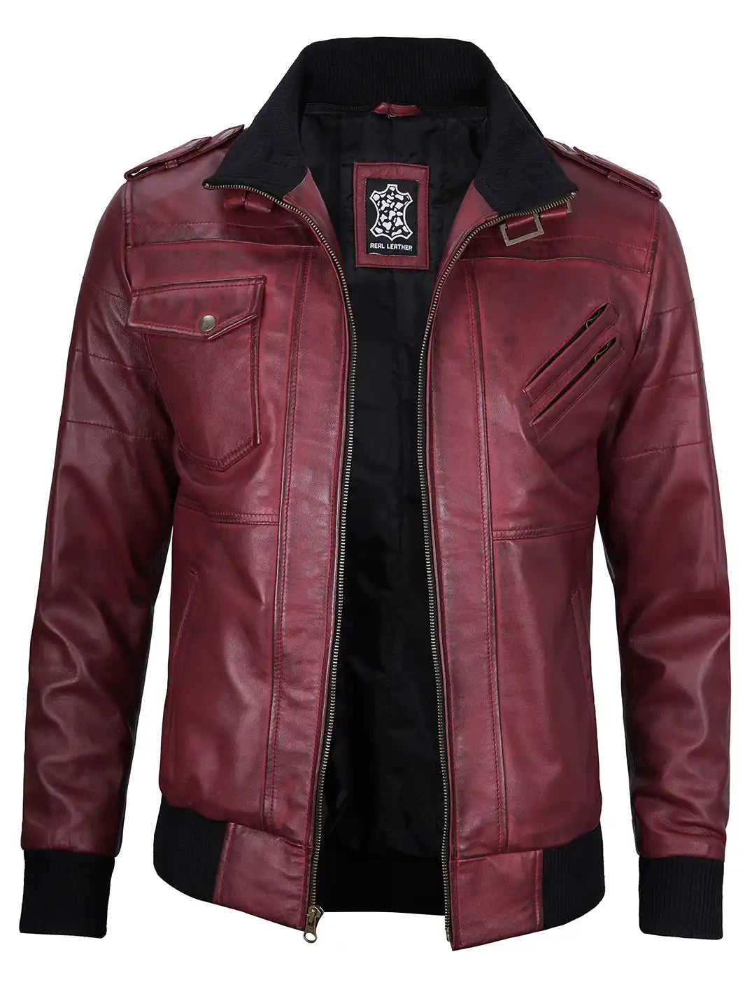 Men's Burgundy Lambskin Bomber Jacket with Removable Hood - Image 3