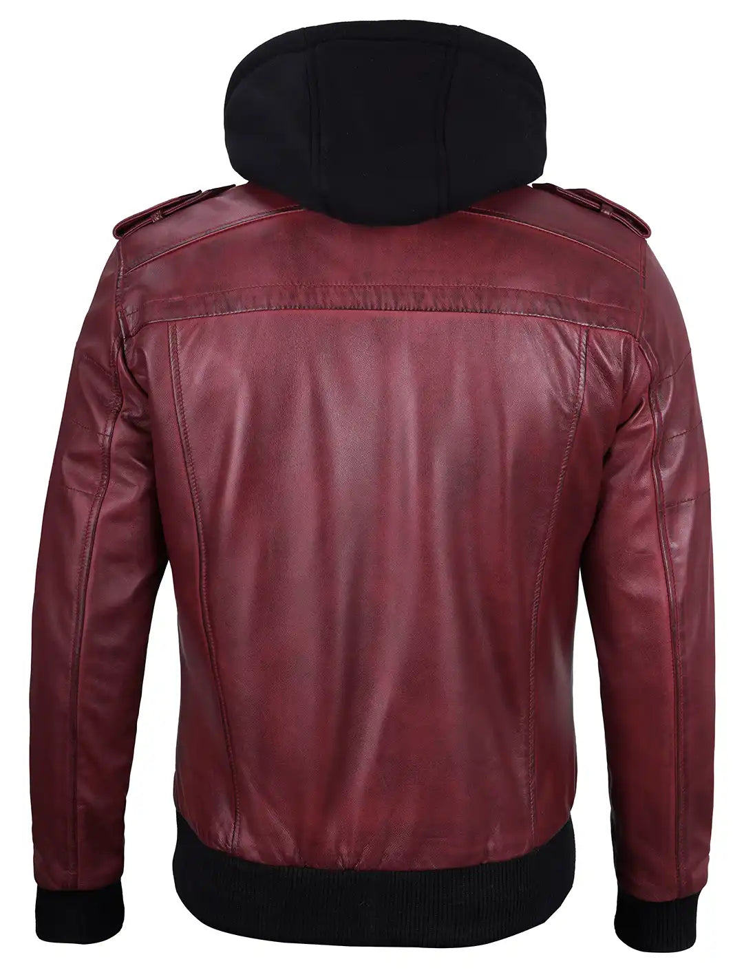 Men's Burgundy Lambskin Bomber Jacket with Removable Hood - Image 4