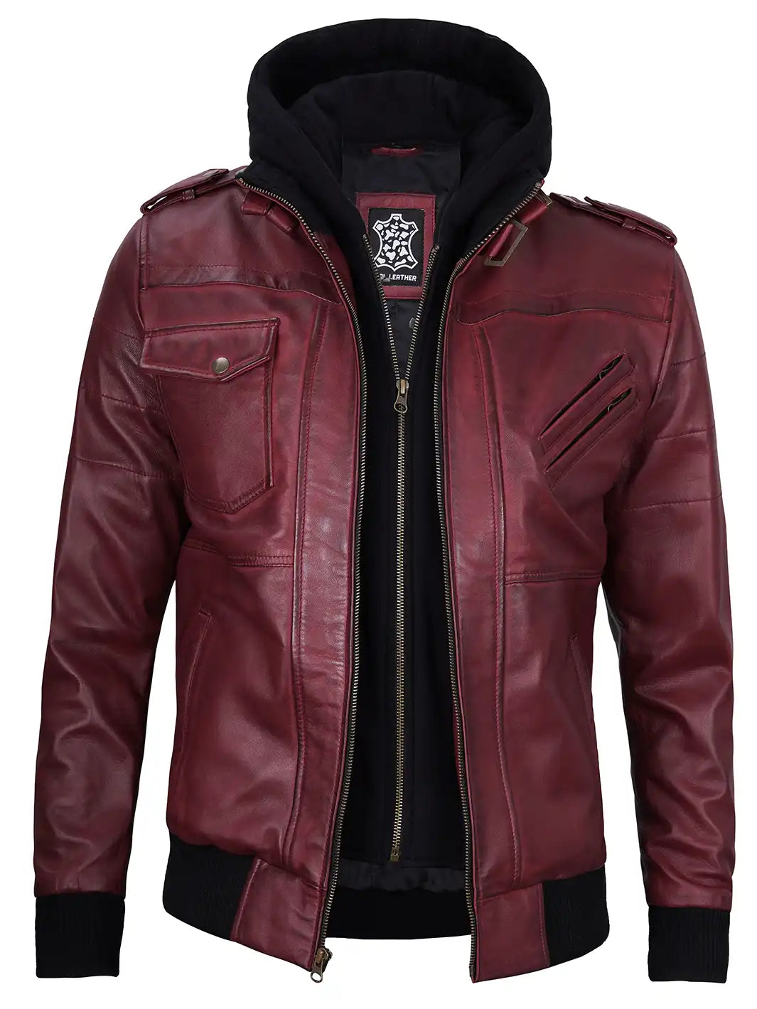Men's Burgundy Lambskin Bomber Jacket with Removable Hood - Image 5